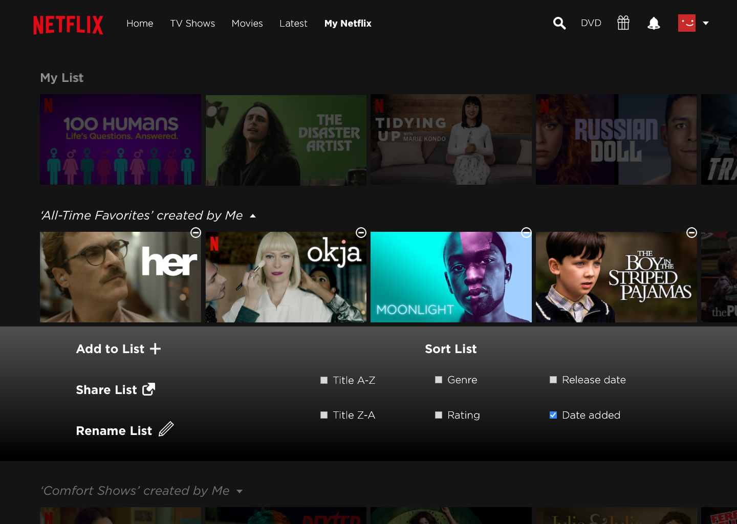 First-iteration My Netflix mockup showing an expanded All-Time Favorites playlist with a wordy menu and checkbox sorting options