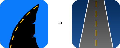 Two On The Way logo concepts: an early shark-fin mark and the final road mark